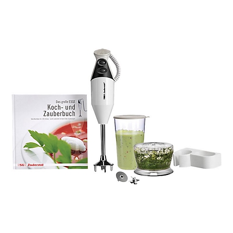 ESGE-Zauberstab Set mit Stabmixer, Kochbuch, Messbecher, Zerkleinerer, Aufsätzen und Wandhalterung.