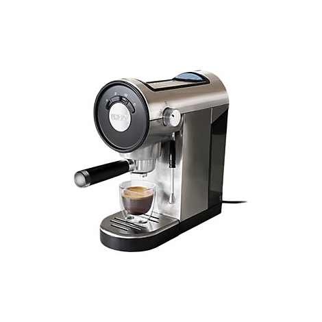 Silberne Siebträgermaschine mit schwarzem Siebträger und Espresso in einem Glas vor neutralem Hintergrund.