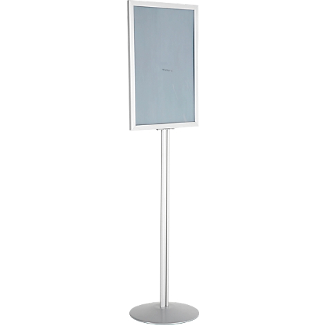 Grijze reclamezuil met wit frame en ronde voet.