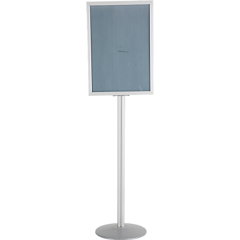 Schildständer aus Metall, weißer Rahmen mit grauem Hintergrund. Ein Text ist leicht zu erkennen.