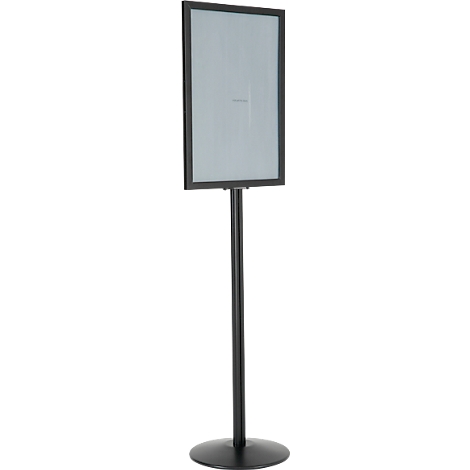 Schwarzes Schild auf Ständer; rechteckiges Schild mit grauer Fläche, darauf kleiner Text; runder Fuß.