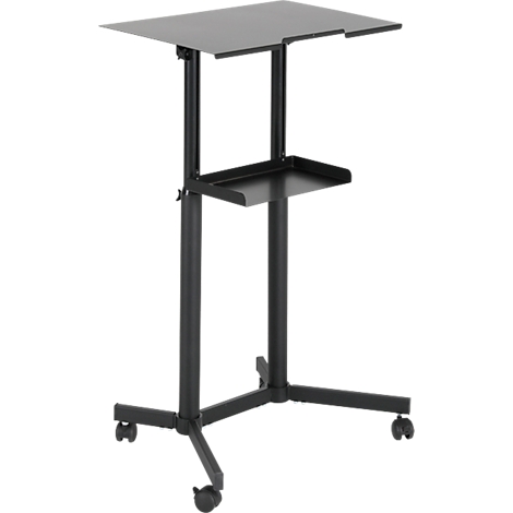 Black, height-adjustable laptop stand on wheels, with shelf. The design is minimalist.