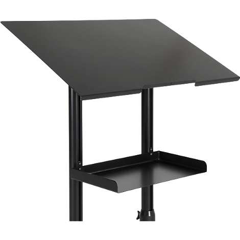 Black podium. Angled top shelf with cutouts, a horizontal shelf below, and pillar.