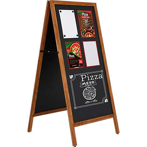 Tableau de menu de pizza en bois avec des publicités. On peut lire "Pizza Menu".