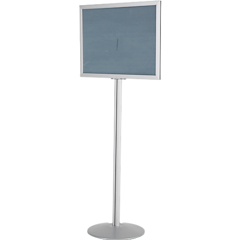 Un présentoir sur pied argenté avec un écran d'affichage rectangulaire, reposant sur une base ronde.