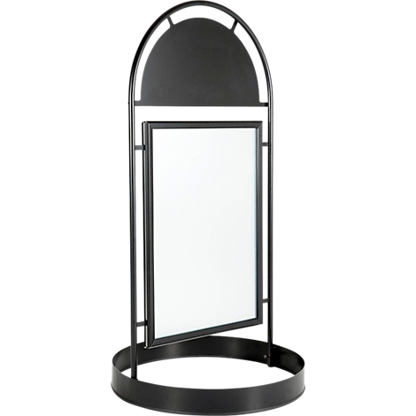 Panneau publicitaire noir avec une zone blanche vierge. Le panneau est posé sur un socle rond.