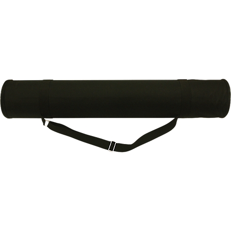 A black, cylindrical bag with a shoulder strap. The bag is oblong, made of fabric, and has metal rings.