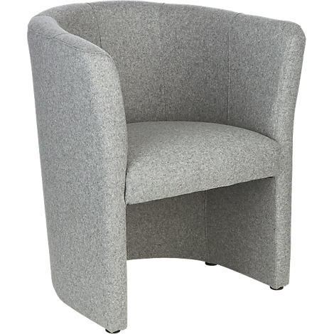 A grey cocktail chair, completely covered in fabric. The armchair has a curved back and armrests.