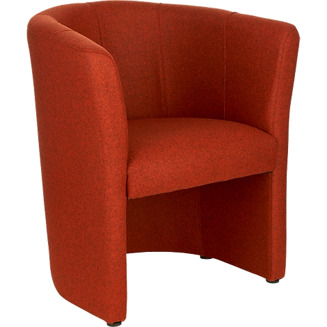 A red, ear-shaped armchair, slightly inclined backwards. The fabric of the armchair is coarsely textured.