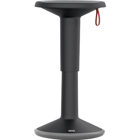Black standing stool with red loop. Round seat, slender shaft and wide foot with gray edge.