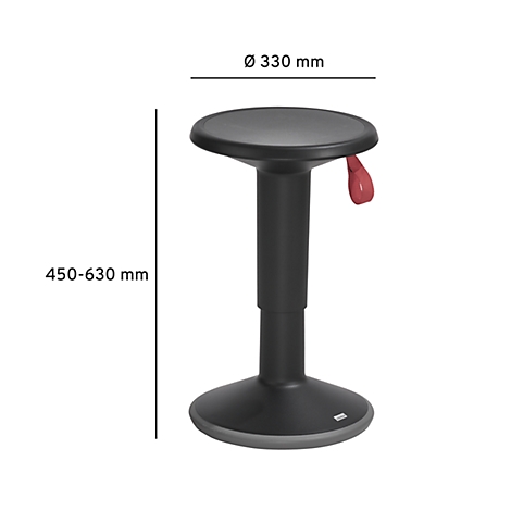 Black standing stool with round seat, red adjustment lever and height indication. Diameter 330 mm, height 450-630 mm.