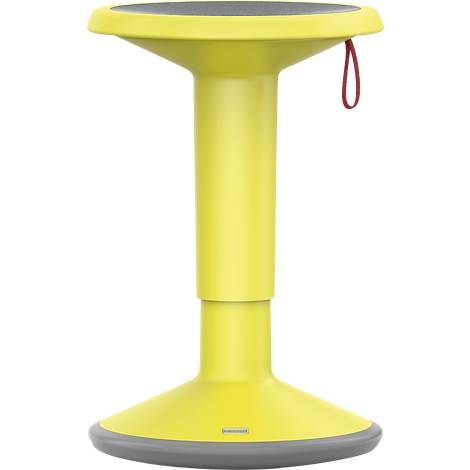 Yellow standing stool with dark gray seat and underside. Red hanger on the side.