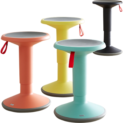 Four height-adjustable standing stools in different colors: orange, yellow, turquoise and black. With red loops and gray seats.