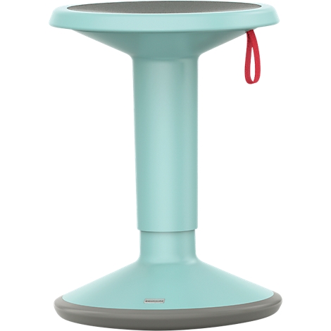 Turquoise standing stool, black seat, red handle. The shape is organic and modern.