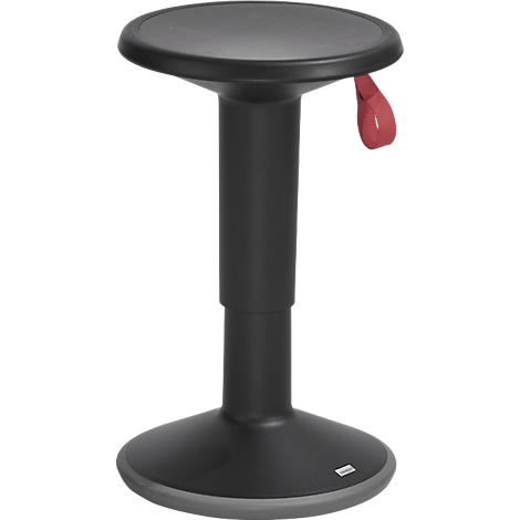 Zwarte stahocker met rode lus. Rond zitkussen, in hoogte verstelbaar.