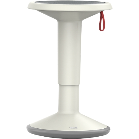 A height-adjustable standing stool in white with a red loop. The seat is dark gray, the base is outlined in light gray.