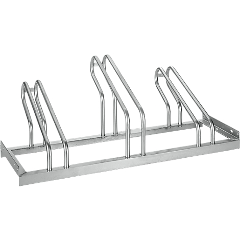 Metal bike rack with curved supports. Angled front view.