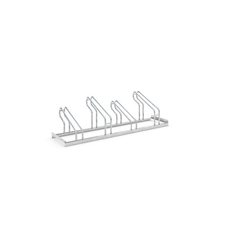 Metal bicycle stand with multiple spaces on a white background.