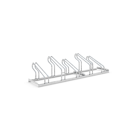 Metal bike rack with multiple holders for bicycles.
