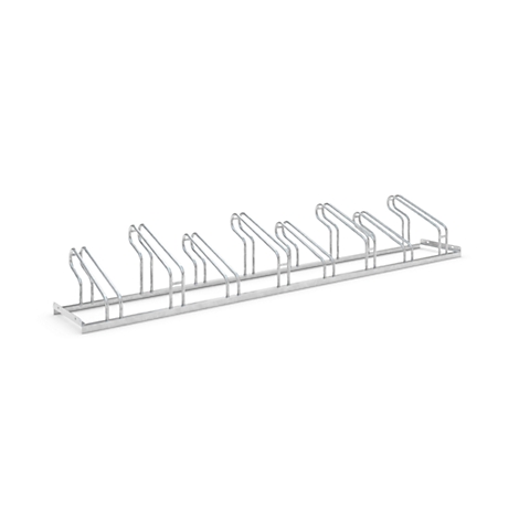 Metal bicycle rack, designed to hold several bicycles. Shown against a white background.
