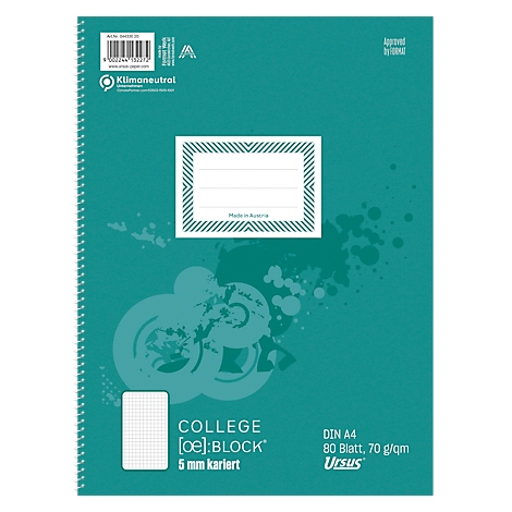 Ein kariertes College-Block in Türkis. Auf dem Cover sind Schriftzüge und ein leeres Adressfeld zu sehen.