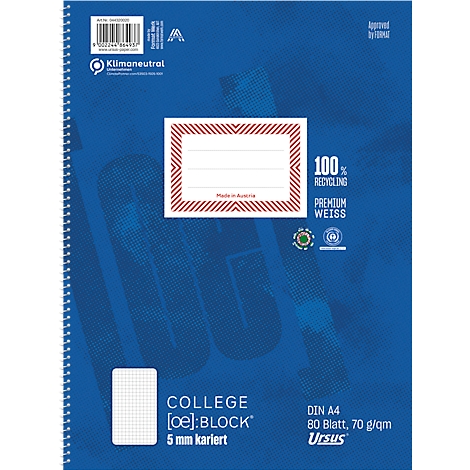 Blaues Collegeblock-Notizbuch mit Spiralbindung und karierten Blättern, Textfeldern und '100% Recycling' Kennzeichnung.