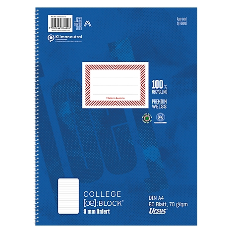 Blaues Collegeblock-Notizbuch mit Spiralbindung. Das Etikett mit dem Namen und rot gestrichelter Umrandung steht im Mittelpunkt.