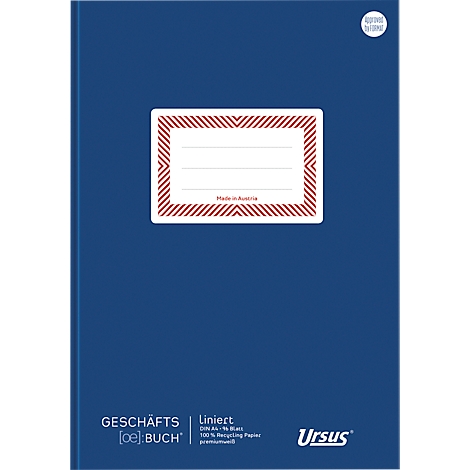 Blaues Notizbuch mit rotem Rahmen, weißem Feld für Beschriftung. Aufschrift: „GESCHÄFTS [oe]BUCH“, „Ursus“.