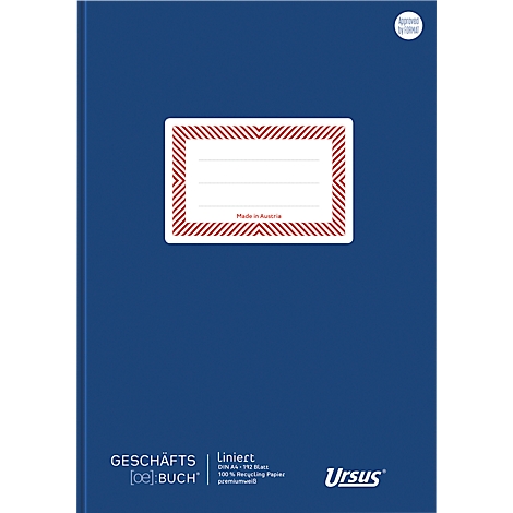 Blaues Notizbuch mit rotem Namensschild, darunter Schriftzug: GESCHÄFTS [oe] BUCH. Marke: Ursus.