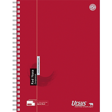 Red spiral notebook with white spiral. Inscription: Red Note Competence, Ursus more than simple paper.
