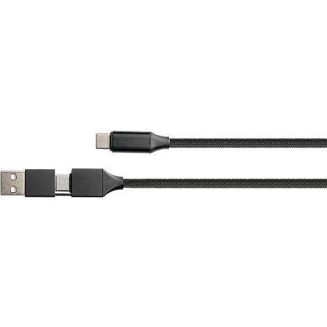 A black USB-C cable extending from two ends: USB-A and USB-C.