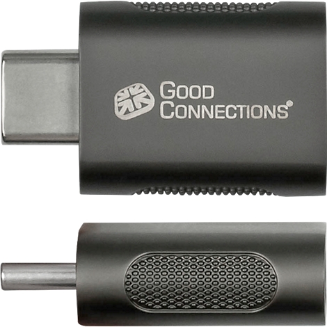 Grijze USB-C adapter met "Good Connections" logo.