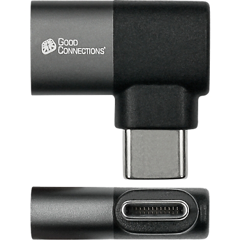 USB-C adapter met aluminium behuizing, zwarte accenten en een ingedrukt logo.