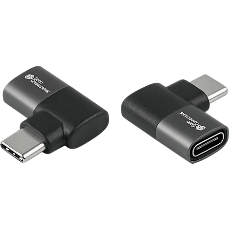 Twee zilverkleurige L-vormige USB-C-adapters, met merkopschrift.