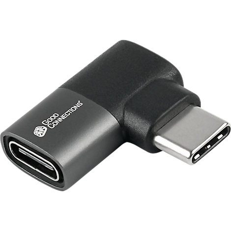 Zilveren haakse USB-C-adapter. Opschrift: Good Connections.