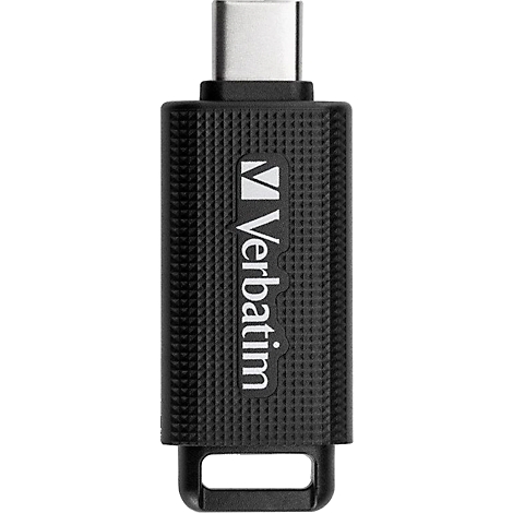 Zwarte USB-stick met gegraveerd patroon en "Verbatim" belettering. De connector is zilverkleurig.