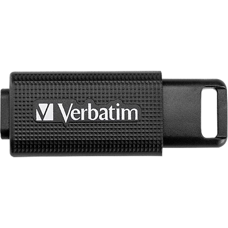 Zwarte USB-stick met "Verbatim" logo. Gestructureerde behuizing met uitsparing.