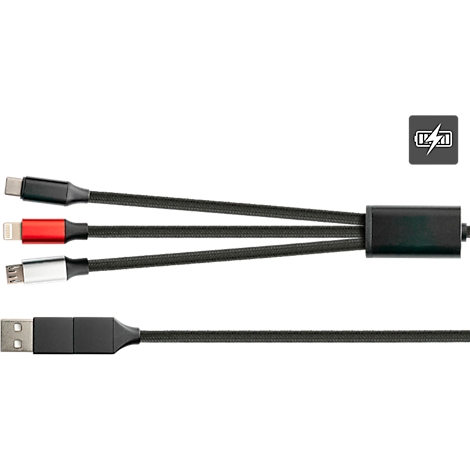 Black charging cable with three connectors: USB-C, Lightning and Micro-USB. On one side a USB connector.