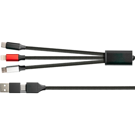 Multi-charging cable with three connectors and one USB connection. Black cables with USB-C, Lightning and Micro-USB connectors.