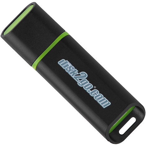 Black USB stick with green accent and disk2go.com text.