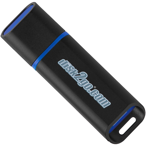 Black USB stick with blue accents and disk2go.com imprint.
