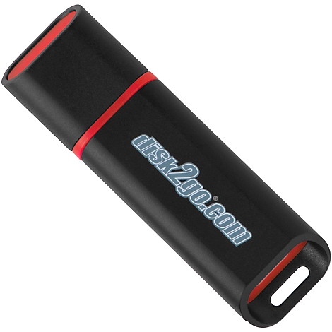 Black USB stick with red trim. Inscription disk2go.com.