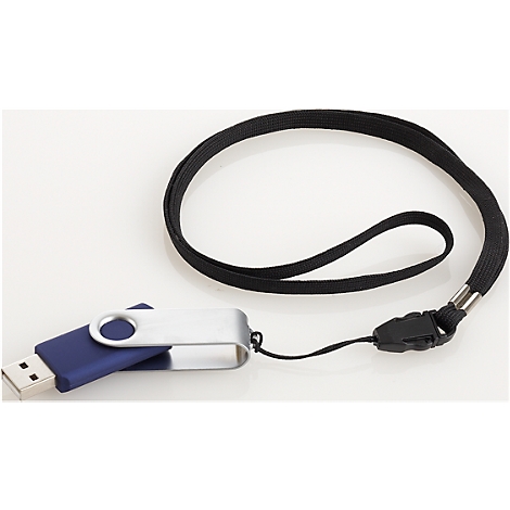 Blue USB drive with silver housing and black lanyard, on a white background.