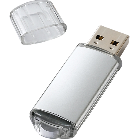 Silberner USB-Stick mit transparenter Kappe. Die Kappe liegt neben dem Stick.