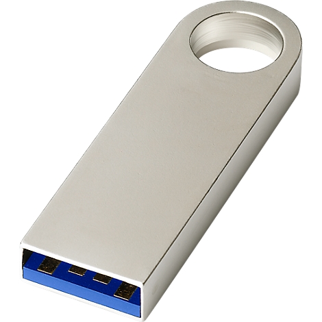 Ein silberner USB-Stick mit blauem Stecker und rundem Loch.