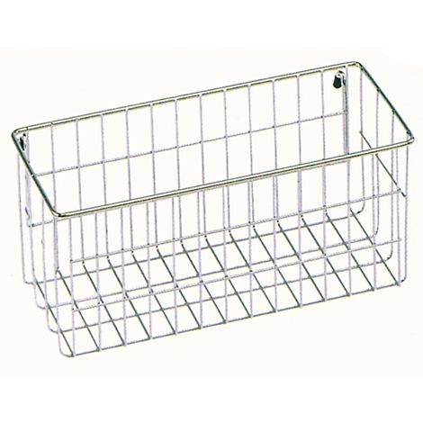 Metal basket for the wall, rectangular, grid structure. Silver-colored, empty.