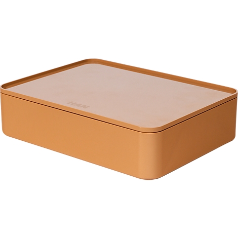 Ochre storage box with lid. The word "HAI" is visible on the surface of the lid.