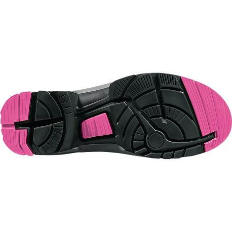 Gros plan de la semelle d'une chaussure noire avec des touches de rose. La semelle montre la bande de roulement et le design.