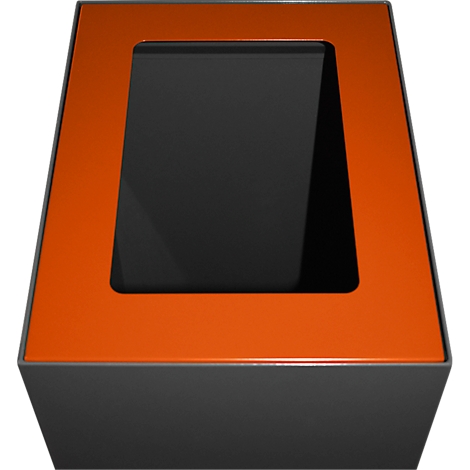 Boîtier avec cadre orange et écran noir encastré.