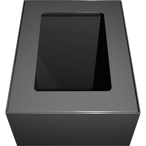 Objet gris en forme de cube avec un trou noir rectangulaire au centre.